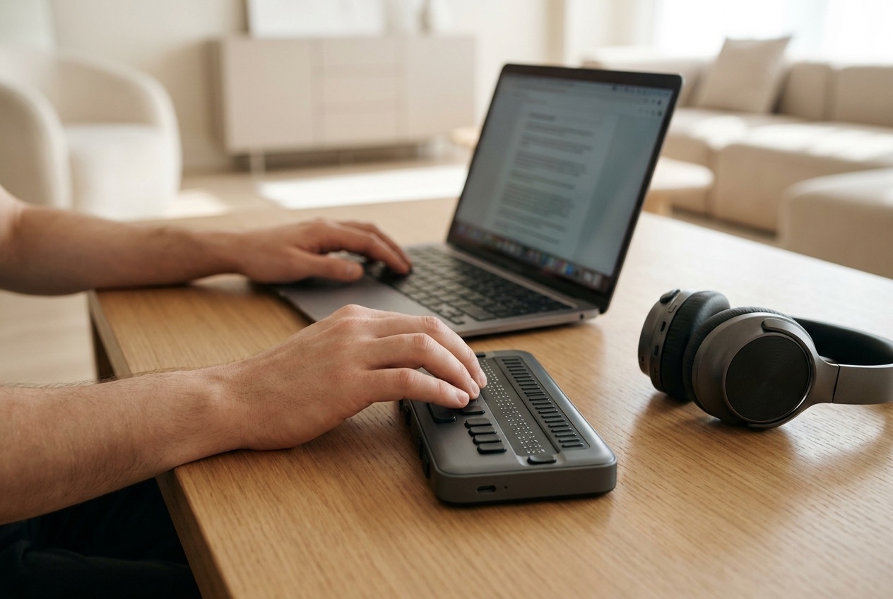 Persona che usa uno screen reader e una tastiera per navigare un sito web accessibile su un laptop