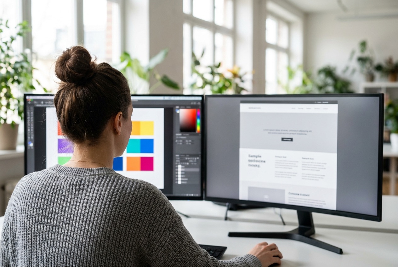 Designer che verifica il contrasto dei colori e la struttura dei titoli di un'interfaccia su due monitor