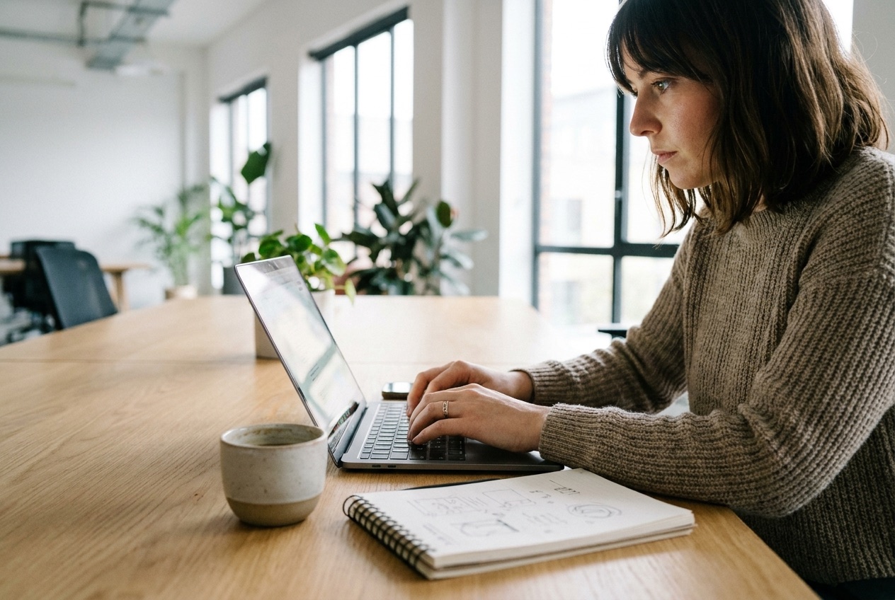 Professionista che lavora a un progetto digitale su laptop in un ufficio luminoso e moderno