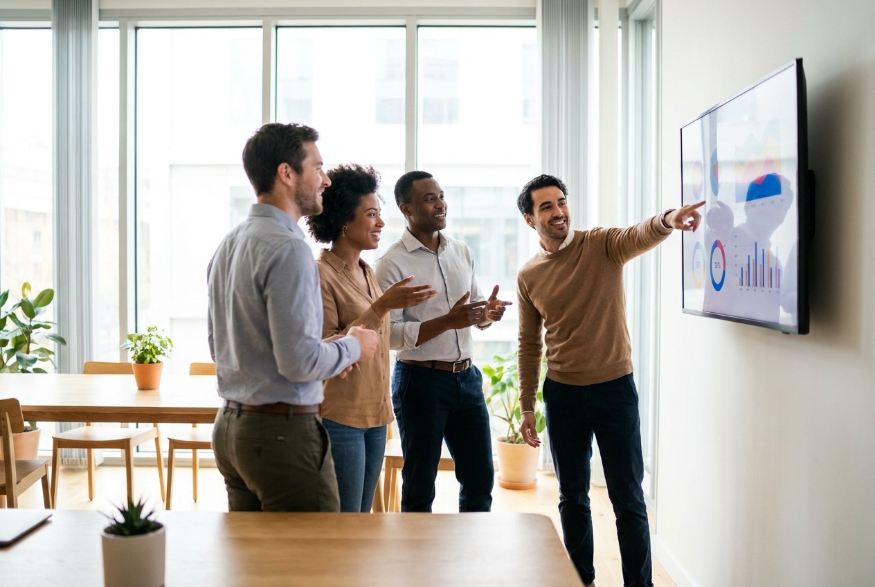 Team di professionisti che analizza grafici e dati su uno schermo durante una sessione di lavoro collaborativa
