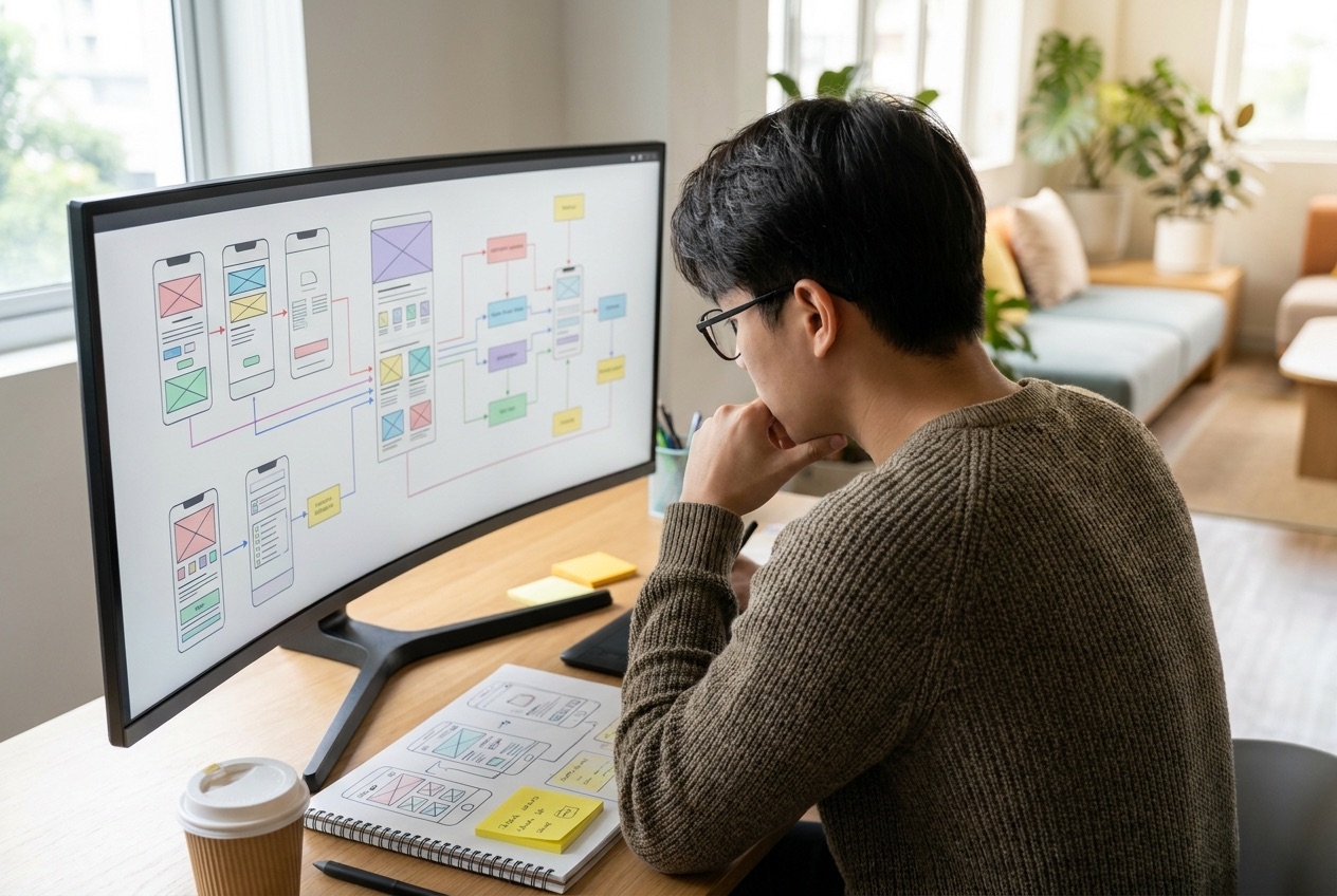 Professionista che lavora da remoto su un progetto di UX design con prototipi e wireframe sullo schermo