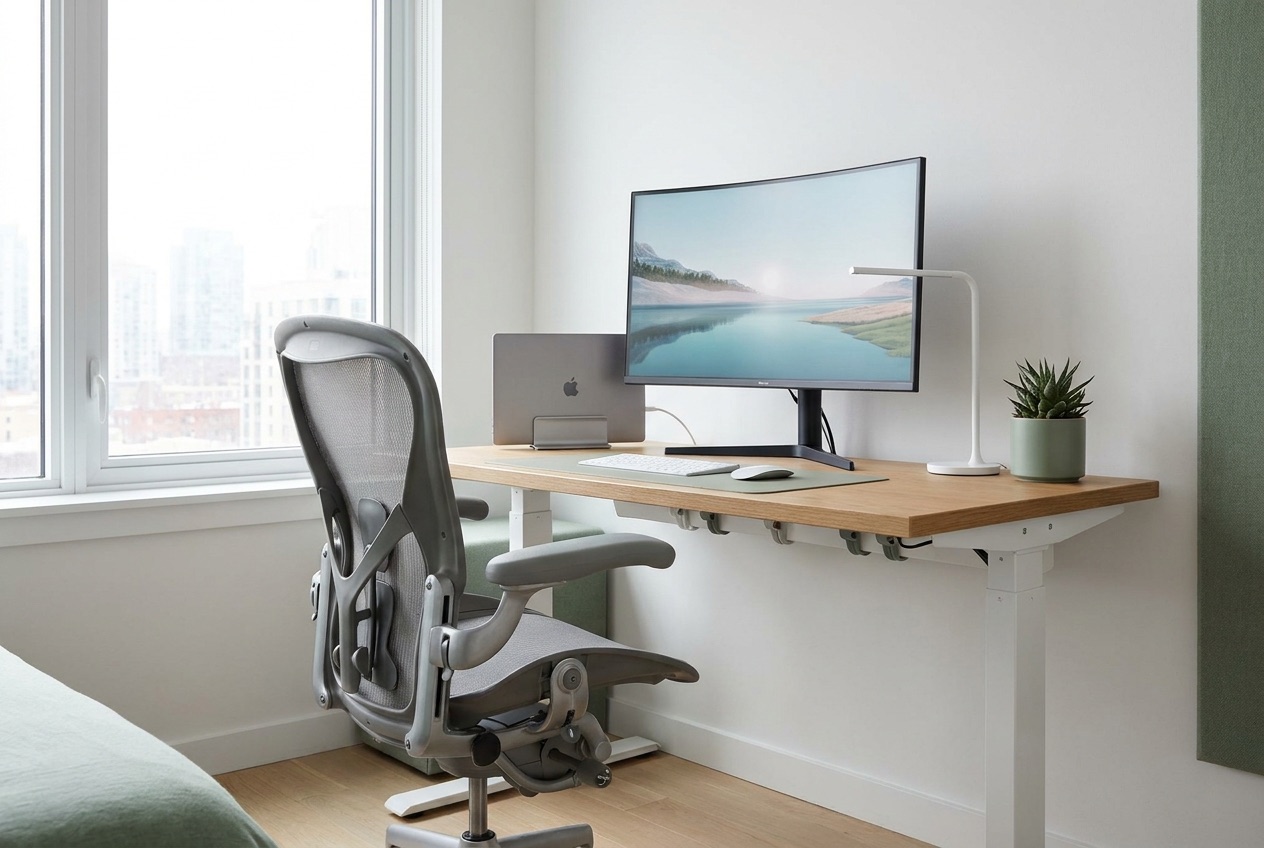 Postazione di lavoro da remoto ben organizzata con computer, sedia ergonomica e illuminazione naturale