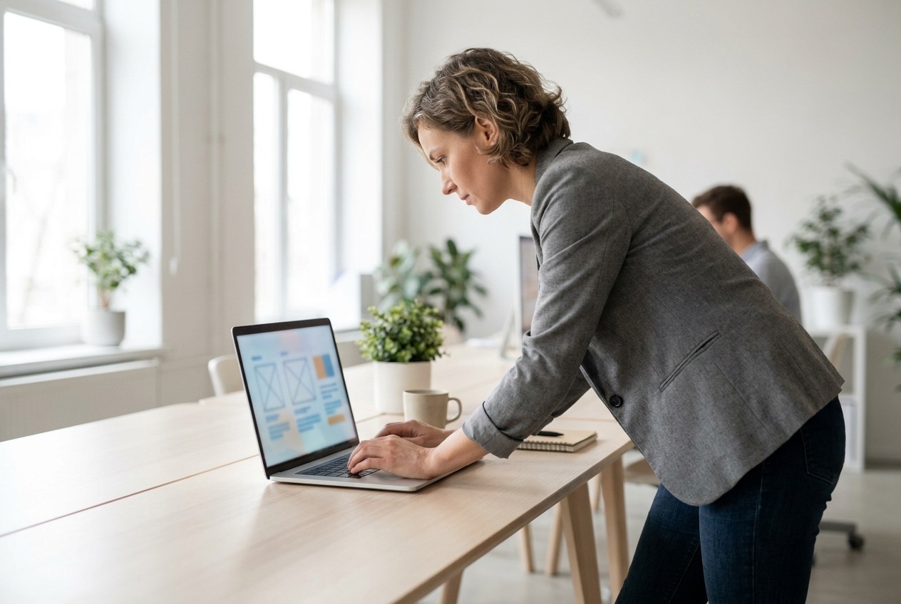 Professionista che lavora a un progetto digitale su laptop in un ufficio luminoso e moderno