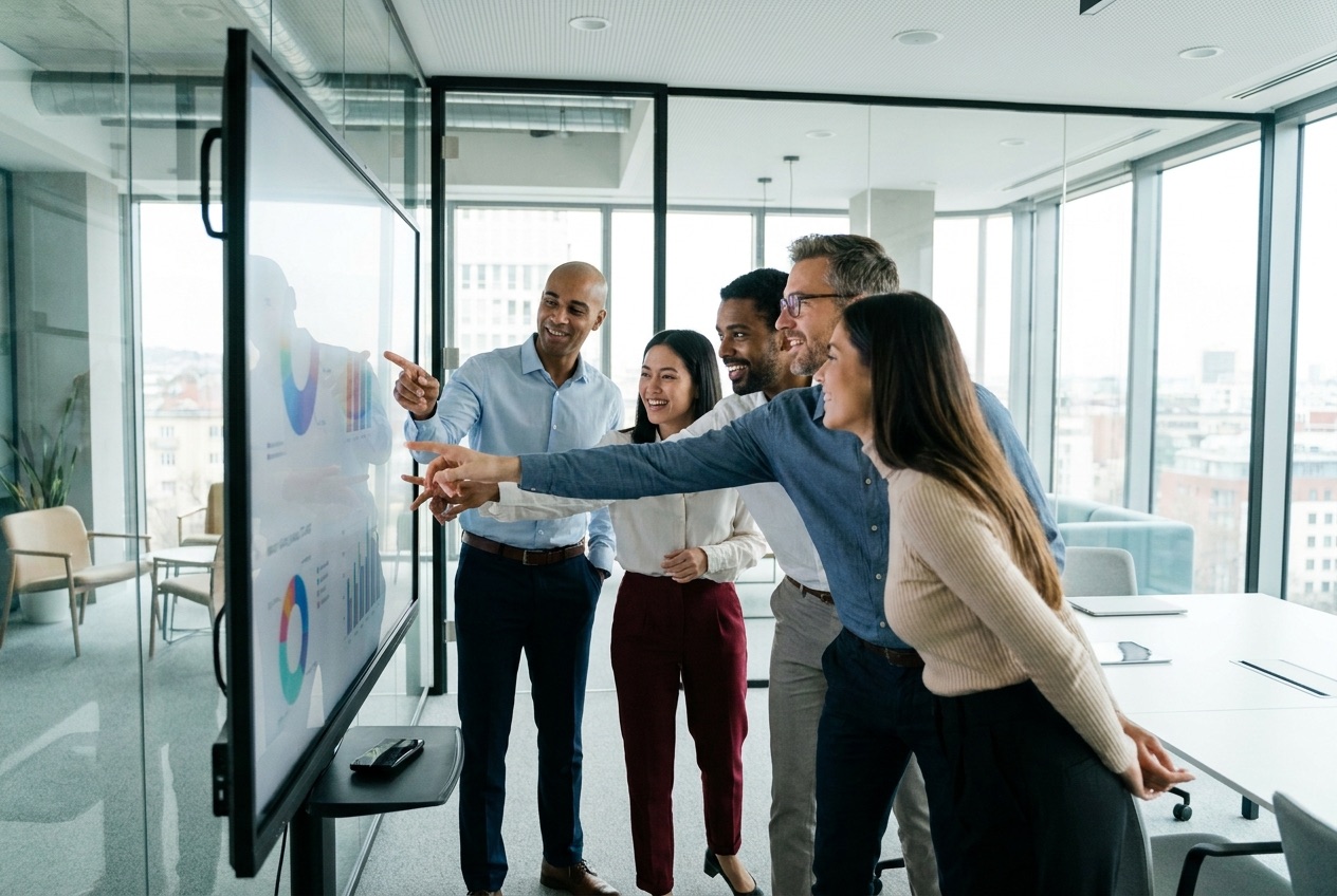 Team multidisciplinare che collabora su dati e progetti digitali davanti a uno schermo in un ambiente moderno