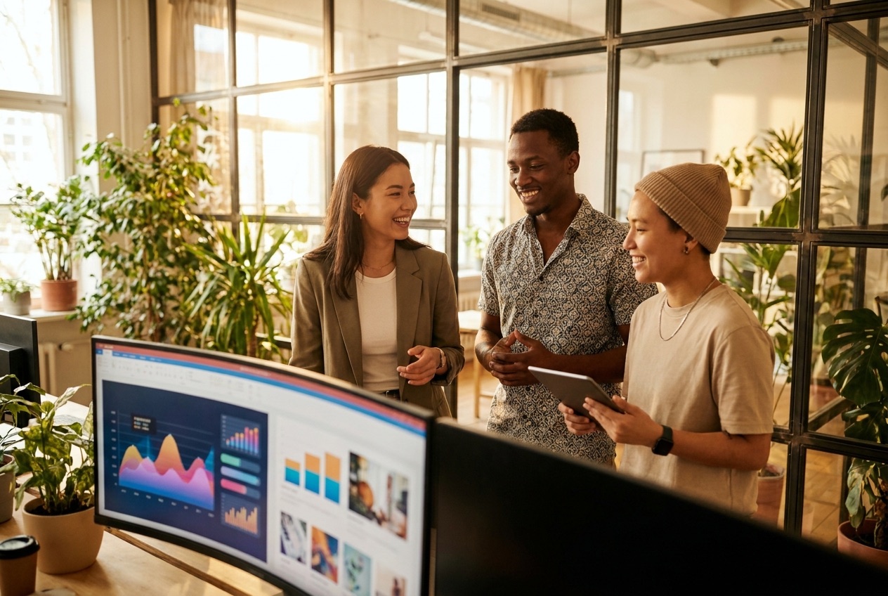 Tre professionisti di ufficio, marketing e design collaborano davanti a uno schermo con risultati generati dall'intelligenza artificiale