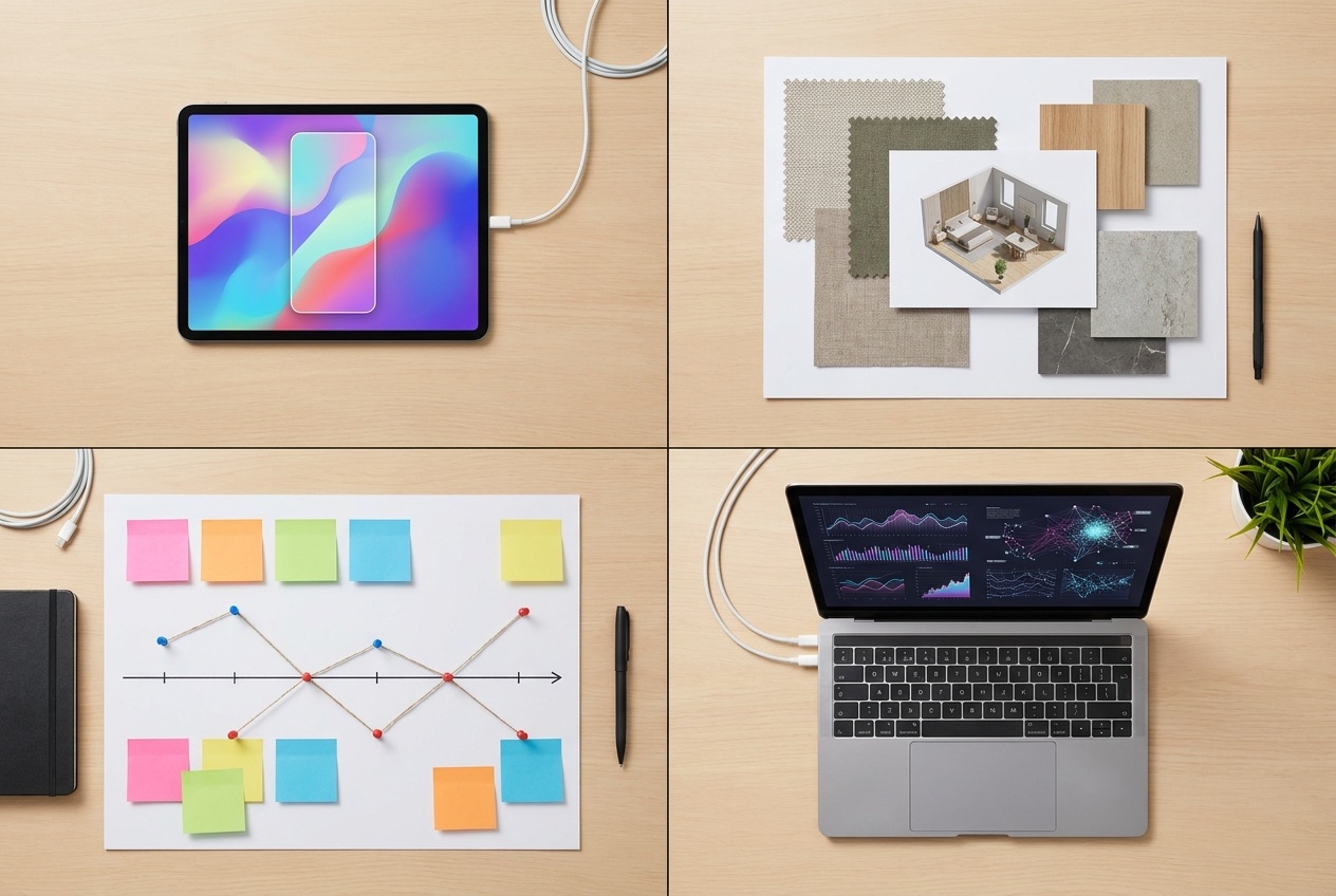 Tavolo di lavoro con strumenti per UX design, render di interni, diagramma di project management e schermo con intelligenza artificiale
