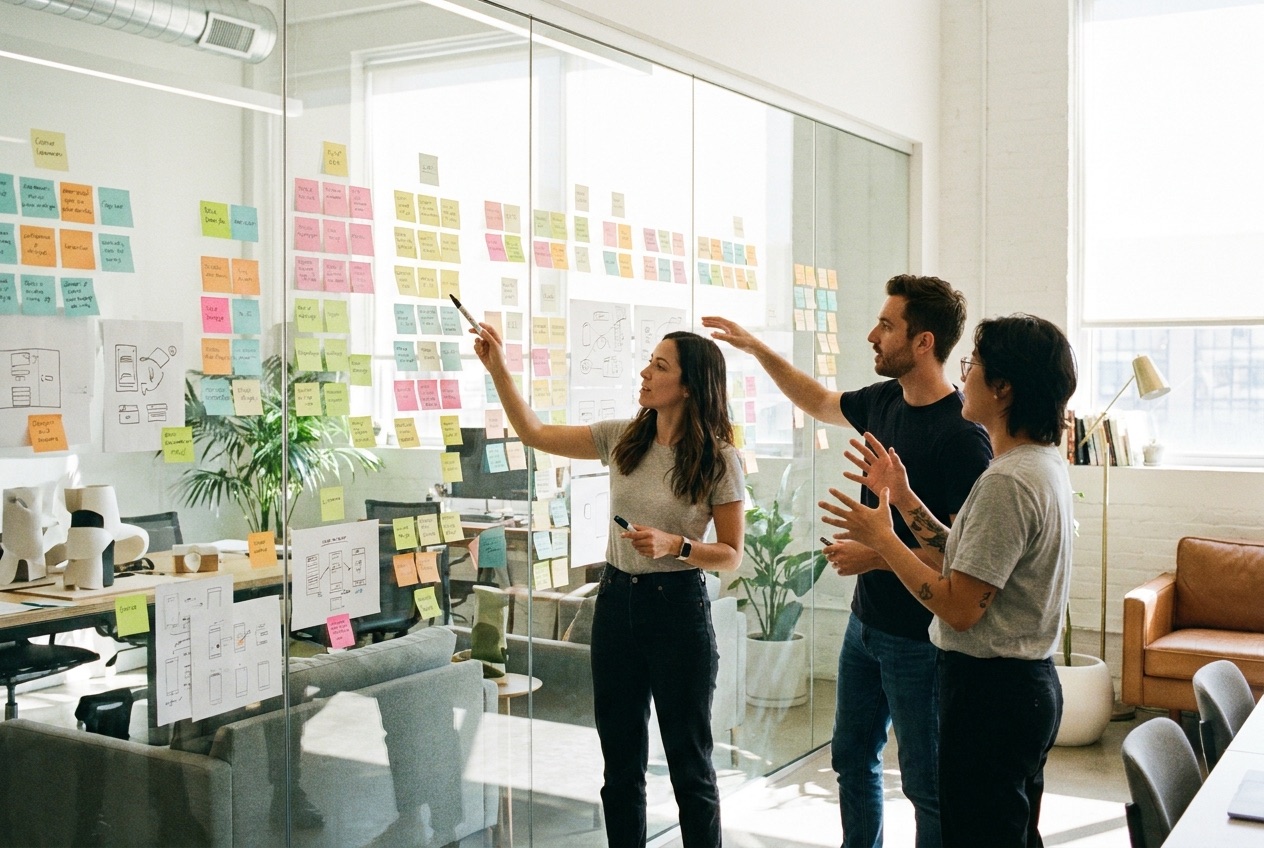 Team multidisciplinare al lavoro in un ufficio luminoso, persone che collaborano davanti a una lavagna con post-it