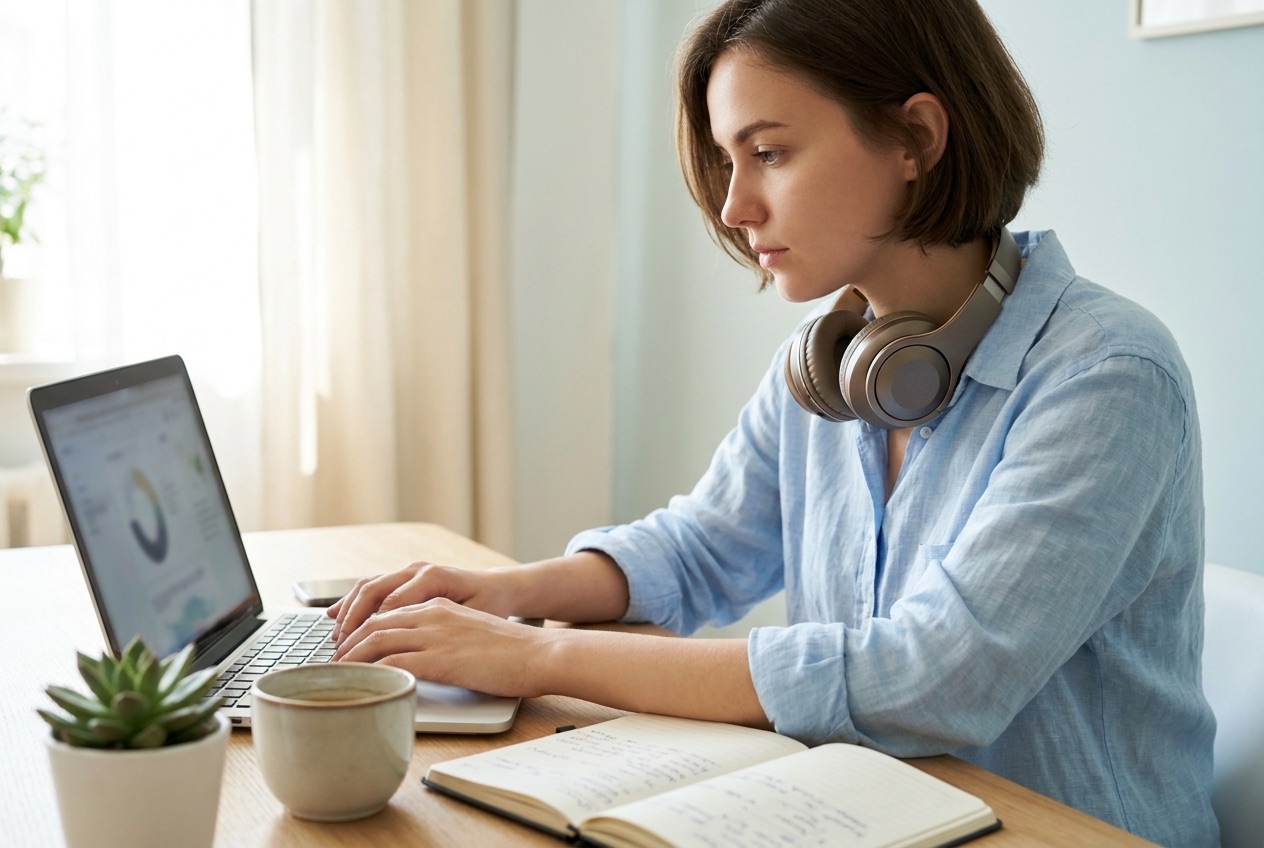 Professionista che segue un corso online di aggiornamento competenze al computer in un ambiente luminoso