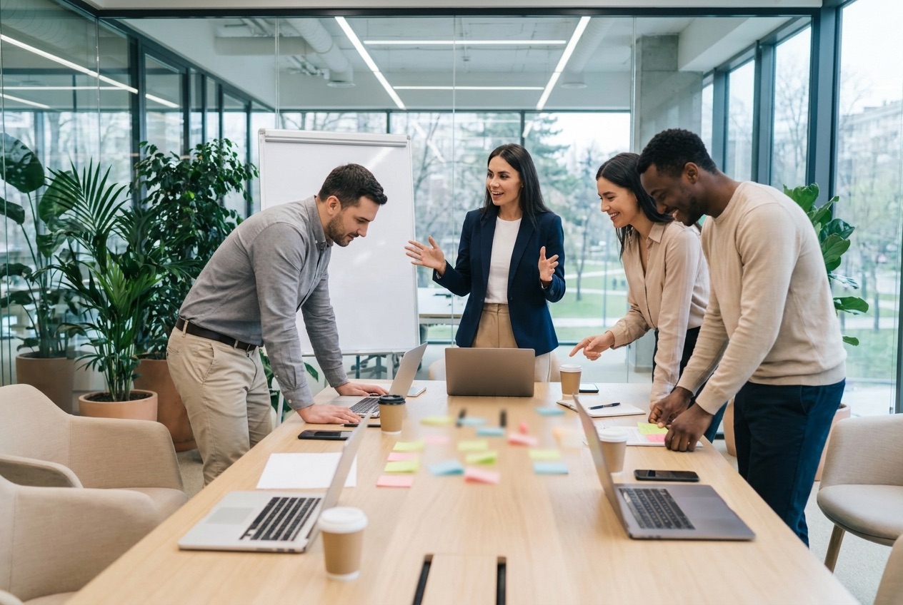 Team aziendale in una sessione di formazione e riqualificazione professionale attorno a un tavolo luminoso